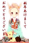  alternate_color blonde_hair blush bow gen_4_pokemon hair_ornament japanese_clothes kimono mikan_(pokemon) nakamura_sandayo new_year pokemon pokemon_(creature) pokemon_(game) pokemon_gsc pokemon_hgss shinx shiny_pokemon smile translated younger 