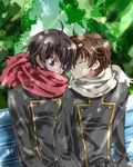  ahoge ashford_academy_uniform bench black_hair brown_hair code_geass imminent_kiss kururugi_suzaku lelouch_lamperouge male_focus multiple_boys no_mouth park_bench purple_eyes scarf school_uniform shade touya_(roukaku) yaoi 