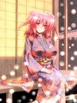  blush breasts hair_bobbles hair_ornament highres japanese_clothes kimono large_breasts looking_at_viewer new_year onozuka_komachi red_eyes red_hair short_hair sitting solo text_in_eyes touhou translated tro two_side_up 