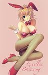  animal_ears ass blonde_hair blue_eyes breasts bunny bunny_ears bunnysuit excellen_browning fake_animal_ears fishnet_pantyhose fishnets high_heels highres large_breasts legs masaharu one_eye_closed pantyhose shoes solo super_robot_wars super_robot_wars_original_generation wrist_cuffs 