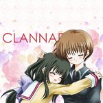  1girl brown_hair clannad closed_eyes green_hair hug ibuki_fuuko ibuki_kouko long_hair sakana_chii school_uniform short_hair siblings sisters 