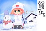  blush child green_eyes hat kneeling kuroba_u original pantyhose red_hair short_hair snow snowman solo 