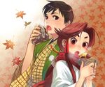  1girl asami_you autumn copyright_request eating eyebrows food hands japanese_clothes kimono leaf maple_leaf ponytail red_hair scarf sweet_potato 