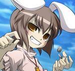  animal_ears blush brown_eyes brown_hair bunny_ears carrot carrot_necklace coin evil_grin evil_smile fang grin inaba_tewi jewelry md5_mismatch necklace noya_makoto pendant short_hair smile solo touhou 