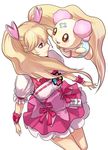  bad_id bad_pixiv_id bib blonde_hair blush bow chiffon_(fresh_precure!) clover cure_peach eyelashes floating four-leaf_clover fresh_precure! hair_ornament heart heart_hair_ornament long_hair magical_girl menskan momozono_love pink_bow pink_eyes precure smile twintails 