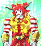  abs aisaka_taiga aura bad_id bad_pixiv_id bangs belt bodypaint bow broly chain chimerism clenched_hands cowboy_shot crossover cuffs dragon_ball dragon_ball_z earrings evil facepaint flat_chest frills fusion gem glowing hair_bow highres horn_ornament horns ibuki_suika ioridonmax13 jewelry light_particles light_smile long_hair looking_at_viewer mcdonald's muscle necklace pants red_eyes red_hair ribbon ronald_mcdonald see-through shirt sidelocks skin_tight sleeveless sleeveless_shirt smile solo striped this_isn't_even_my_final_form toradora! torn_clothes touhou vambraces what wrist_cuffs 