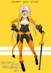  bodysuit copyright_request eyepatch g-room_honten gloves latex orange_bodysuit solo sword thighhighs weapon white_hair 