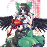  :p animal_ears black_hair blush bow braid breasts cat_ears extra_ears eyes green_bow hair_bow hug kaenbyou_rin large_breasts long_hair multiple_girls one_eye_closed red_eyes red_hair reiuji_utsuho short_hair tongue tongue_out touhou twin_braids umigarasu_(kitsune1963) wings 