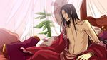  bed black_hair boa_hancock genderswap genderswap_(ftm) licking_lips long_hair male_focus one_piece purple_eyes salome_(one_piece) shirtless snake solo tongue tongue_out youneko 