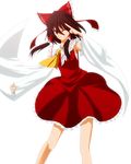  bad_id bad_pixiv_id bow brown_hair detached_sleeves din_(flypaper) hair_bow hakurei_reimu long_hair one_eye_closed red_eyes salute smile solo touhou two-finger_salute 
