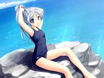  adjusting_hair blue_eyes blue_hair cloud day game_cg kajiura_saki long_hair ocean old_school_swimsuit one-piece_swimsuit outdoors school_swimsuit sitting sky solo swimsuit takoyaki_(roast) tangent 