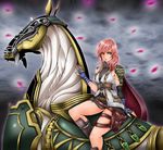  1girl cape final_fantasy final_fantasy_xiii fingerless_gloves gloves green_eyes lightning_farron miniskirt odin_(final_fantasy) petals pink_hair skirt thigh_strap 