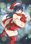  artist_name bare_shoulders black_hair blush breasts brown_eyes carrying christmas hat kantai_collection kantori large_breasts long_hair open_mouth plaid plaid_scarf red_legwear sack santa_costume santa_hat scarf smile solo thighhighs twitter_username ushio_(kantai_collection) 