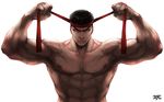  21yc_(september_breeze) abs artist_name backlighting black_hair brown_eyes headband highres male_focus muscle ryuu_(street_fighter) shirtless signature solo street_fighter upper_body 