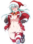  aqua_eyes aqua_hair areolae black_gloves blush breasts capelet christmas gloves groin hair_between_eyes hat jacket kantai_collection large_breasts long_hair looking_at_viewer mikagami_sou navel nipples nose_blush one_eye_closed open_clothes open_jacket open_mouth pom_pom_(clothes) santa_costume santa_hat solo standing standing_on_one_leg stomach striped striped_legwear suzuya_(kantai_collection) thighhighs torn_clothes torn_legwear 