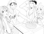  2girls admiral_(kantai_collection) blush breasts chikuma_(kantai_collection) dj edm greyscale hands_on_own_chest headphones huge_breasts kantai_collection long_hair monochrome multiple_boys multiple_girls open_mouth original salute sketch smile taigei_(kantai_collection) twintails v wangphing 