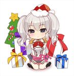  blue_eyes blush bound breasts chibi epaulettes gift hat kantai_collection kashima_(kantai_collection) kneeling large_breasts long_hair looking_at_viewer military military_uniform ribbon santa_hat silver_hair skirt sleeves_past_wrists smile solo tied_up twintails uniform yuncha 