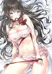  black_hair blue_eyes blush breasts cleavage earrings jewelry kanojo_(ogino_atsuki) large_breasts long_hair mouth_hold navel ogino_atsuki original ribbon solo 