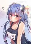  blue_eyes blue_hair breasts gradient_hair hair_between_eyes hair_ribbon i-19_(kantai_collection) kantai_collection large_breasts long_hair looking_at_viewer multicolored_hair name_tag one-piece_swimsuit open_mouth pink_hair ribbon school_swimsuit solo soukou_makura star star-shaped_pupils swimsuit symbol-shaped_pupils twintails 