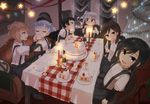  :d arare_(kantai_collection) arashio_(kantai_collection) arm_warmers asashio_(kantai_collection) bad_id bad_pixiv_id banned_artist black_hair brown_hair cake chair christmas_tree closed_eyes commentary_request feeding food fork hat highres indoors kantai_collection kasumi_(kantai_collection) long_hair michishio_(kantai_collection) multiple_girls napkin ooshio_(kantai_collection) open_mouth plate ponytail short_hair short_sleeves side_ponytail sitting smile suspenders table wiping_mouth yopan_danshaku 
