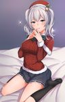  aran_sweater bad_id bad_pixiv_id breasts hair_ornament hat highres jewelry kantai_collection kashima_(kantai_collection) kyuuso_inukami large_breasts long_hair long_legs miniskirt pleated_skirt ring silver_hair skirt smile solo sweater twintails wedding_band 