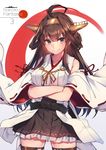  &gt;:) ahoge bare_shoulders blush boots breasts brown_hair crossed_arms detached_sleeves double_bun frilled_skirt frills hairband headgear japanese_clothes kantai_collection kongou_(kantai_collection) large_breasts long_hair looking_at_viewer nontraditional_miko purple_eyes remodel_(kantai_collection) ribbon-trimmed_sleeves ribbon_trim simple_background skirt smile solo soukou_makura thigh_boots thighhighs v-shaped_eyebrows zettai_ryouiki 