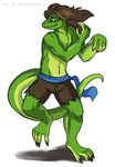  anthro brown_hair clothed clothing dancing drake_searas green_eyes hair half-dressed lizardman long_hair long_tail male partially_clothed reptile rikkoshaye scalie simple_background smile solo standing topless white_background 