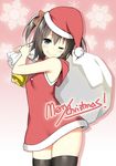  ;q armpit_peek bare_arms bare_shoulders black_hair blue_eyes blush christmas gloves hat highres looking_at_viewer merry_christmas one_eye_closed original sack santa_costume santa_hat short_hair sky_(freedom) sky_(sky-freedom) smile solo thighhighs tongue tongue_out zettai_ryouiki 