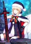  artoria_pendragon_(all) benitsuki_tsubasa black_footwear blonde_hair boots brown_legwear cape dark_excalibur excalibur fate/grand_order fate_(series) fur_trim hat highres looking_at_viewer open_mouth pantyhose santa_alter santa_hat shiny shiny_clothes sitting snow solo sword thigh_boots thighhighs weapon yellow_eyes 