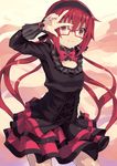  absurdres glasses highres joukamachi_no_dandelion long_hair low_twintails normaland red-framed_eyewear red_eyes red_hair sakurada_akane smile solo twintails v 