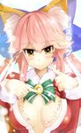  absurdres animal_ears blush breasts christmas cleavage fang fate/extra fate_(series) fox_ears fox_tail hair_ribbon highres hijack large_breasts long_hair merry_christmas open_clothes open_shirt pink_hair pointing pointing_at_self ribbon shirt solo tail tamamo_(fate)_(all) tamamo_no_mae_(fate) twintails yellow_eyes 