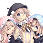  :d ^_^ arm_hug beret blanc blue_eyes blush bow brown_hair closed_eyes double_arm_hug gekijigen_tag:_blanc_+_neptune_vs_zombie_gundan girl_sandwich hat highres long_hair looking_at_viewer multiple_girls neptune_(series) normaland open_mouth plaid plaid_bow plaid_ribbon ram_(choujigen_game_neptune) ribbon rom_(choujigen_game_neptune) sandwiched short_hair siblings sisters smile twins 