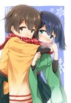  black_hair blue_eyes brown_eyes brown_hair hiryuu_(kantai_collection) hug japanese_clothes kantai_collection multiple_girls scarf shared_scarf short_hair souryuu_(kantai_collection) suke_(momijigari) twintails 