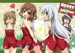  4girls :d akatsuki_(kantai_collection) alternate_costume bare_shoulders black_hair blush brown_eyes brown_hair christmas closed_eyes commentary_request fang folded_ponytail hair_ornament hairclip hat heart hibiki_(kantai_collection) ikazuchi_(kantai_collection) inazuma_(kantai_collection) kantai_collection long_hair merry_christmas multiple_girls nose_blush open_mouth oshiruko_(uminekotei) ponytail santa_hat short_hair silver_hair smile wavy_mouth 