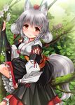  animal_ears bangs blush cross-laced_clothes detached_sleeves flower hat in_tree inubashiri_momiji kei_kei kourindou_tengu_costume looking_at_viewer moss pom_pom_(clothes) red_eyes ribbon-trimmed_sleeves ribbon_trim short_hair silver_hair sitting sitting_in_tree smile solo tail tokin_hat touhou tree wolf_ears wolf_tail 