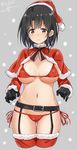  alternate_costume belt bikini black_gloves black_hair blush bobblehat breasts brown_eyes capelet christmas cleavage cropped_legs frown fur_trim garter_straps gloves hat isshiki_(ffmania7) kantai_collection large_breasts long_sleeves micro_bikini midriff navel red_bikini santa_costume santa_hat side-tie_bikini solo stomach swimsuit takao_(kantai_collection) thigh_gap thighhighs underboob wavy_mouth 