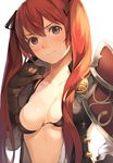  bikini_top blue_eyes blush breasts cleavage fire_emblem fire_emblem_if gloves hair_ribbon long_hair luna_(fire_emblem_if) red_hair ribbon riku_(wana) small_breasts solo sweatdrop torn_clothes twintails 