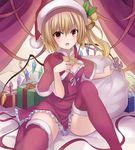  :o blonde_hair blush capelet christmas colored_eyelashes dress flandre_scarlet gift hair_between_eyes hand_on_own_chest hat highres janne_cherry looking_at_viewer open_mouth red_dress red_eyes red_legwear sack santa_hat short_dress short_hair side_ponytail sitting solo thighhighs thighs touhou v-shaped_eyebrows 