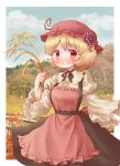  1girl aki_minoriko apron arinu black_ribbon blonde_hair blush cloud commentary_request fence food_themed_hair_ornament grape_hair_ornament hair_ornament hat highres long_sleeves looking_at_viewer mob_cap neck_ribbon outdoors red_eyes ribbon short_hair sky smile solo touhou tree wheat wooden_fence 