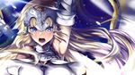  arm_up armor bare_shoulders blonde_hair blue_eyes breasts chain close-up detached_sleeves ep_(emio_parn) fate/apocrypha fate_(series) headpiece highres jeanne_d'arc_(fate) jeanne_d'arc_(fate)_(all) large_breasts long_hair open_mouth solo upper_body 