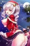  1girl absurdres aran_sweater bar_censor bell blue_eyes blush breasts censored christmas cum cum_on_body cum_on_clothes ejaculation from_side full_moon gloves hair_bell hair_ornament hat hetero highres kantai_collection kashima_(kantai_collection) large_breasts long_hair miniskirt moon open_clothes open_mouth penis santa_costume santa_hat silly_(marinkomoe) silver_hair skirt sweat sweater testicles twintails white_gloves 