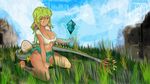  bad_deviantart_id bad_id barefoot blue boulder bra breasts dragomon_hunter dragon_girl egg fantasy feathers frosthyde grass green green_hair highres large_breasts magic miniskirt panties red_eyes skirt solo tail tan tanline tattoo underwear 