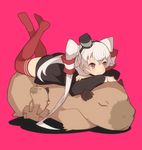  :3 amatsukaze_(kantai_collection) brown_eyes capybara child closed_eyes crossed_arms crossed_legs dress full_body hair_tubes hairband hajime_(hajime-ill-1st) hat headgear kantai_collection legs_up long_hair long_sleeves lying mini_hat no_shoes on_animal on_stomach pink_background red_eyes red_legwear sailor_dress simple_background sleeping smile solo striped striped_legwear thighhighs two_side_up white_hair zettai_ryouiki 