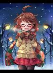  :d ^_^ ahoge black_legwear blush brown_gloves brown_hair cardigan closed_eyes glasses gloves lamppost messy_hair open_mouth pantyhose plaid plaid_skirt pleated_skirt pote_(ptkan) red-framed_eyewear scarf semi-rimless_eyewear skirt smile snow snowing solo touhou under-rim_eyewear usami_sumireko 