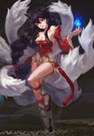  ahri animal_ears bi_ge_xing black_hair braid breasts detached_sleeves energy_ball fox_ears fox_tail full_body hair_between_eyes hand_on_hip korean_clothes large_breasts league_of_legends lips long_hair looking_to_the_side miniskirt multiple_tails off_shoulder parted_lips single_braid skirt solo standing standing_on_one_leg tail very_long_hair wide_sleeves yellow_eyes 