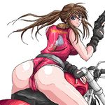  ass bad_id bad_pixiv_id belt blue_eyes breasts brown_hair cameltoe claire_redfield fingerless_gloves gloves ground_vehicle gun handgun long_hair lowres motor_vehicle motorcycle pistol ponytail resident_evil resident_evil_2 shorts sidelocks solo wajurimosugaba weapon 