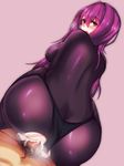  1girl absurdres ass blush bodysuit breasts breath censored clothed_sex cum cum_in_pussy ebon fate/grand_order fate_(series) hetero highres large_breasts long_hair looking_back penis purple_bodysuit purple_hair pussy red_eyes scathach_(fate)_(all) scathach_(fate/grand_order) sex solo_focus torn_bodysuit torn_clothes underwear vaginal 