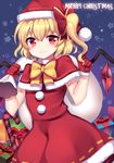  :3 bad_id bad_pixiv_id bag bell blonde_hair bow box candy candy_cane capelet dress flandre_scarlet food gift gift_box gloves hair_bell hair_ornament hat highres looking_at_viewer merry_christmas papo red_dress red_eyes red_gloves santa_costume santa_hat side_ponytail smile solo touhou 