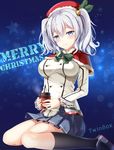  bad_id bad_pixiv_id bell blush breasts capelet cup grey_eyes hair_bell hair_ornament hat highres kantai_collection kashima_(kantai_collection) long_sleeves looking_at_viewer medium_breasts merry_christmas military pleated_skirt santa_hat silver_hair sitting skirt smile solo sousouman star wariza 