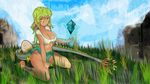  bad_deviantart_id bad_id barefoot blue boulder bra breasts dragomon_hunter dragon_girl egg fantasy feathers frosthyde grass green green_hair highres large_breasts long_hair looking_at_viewer magic miniskirt panties red_eyes skirt solo tail tan tanline tattoo underwear 